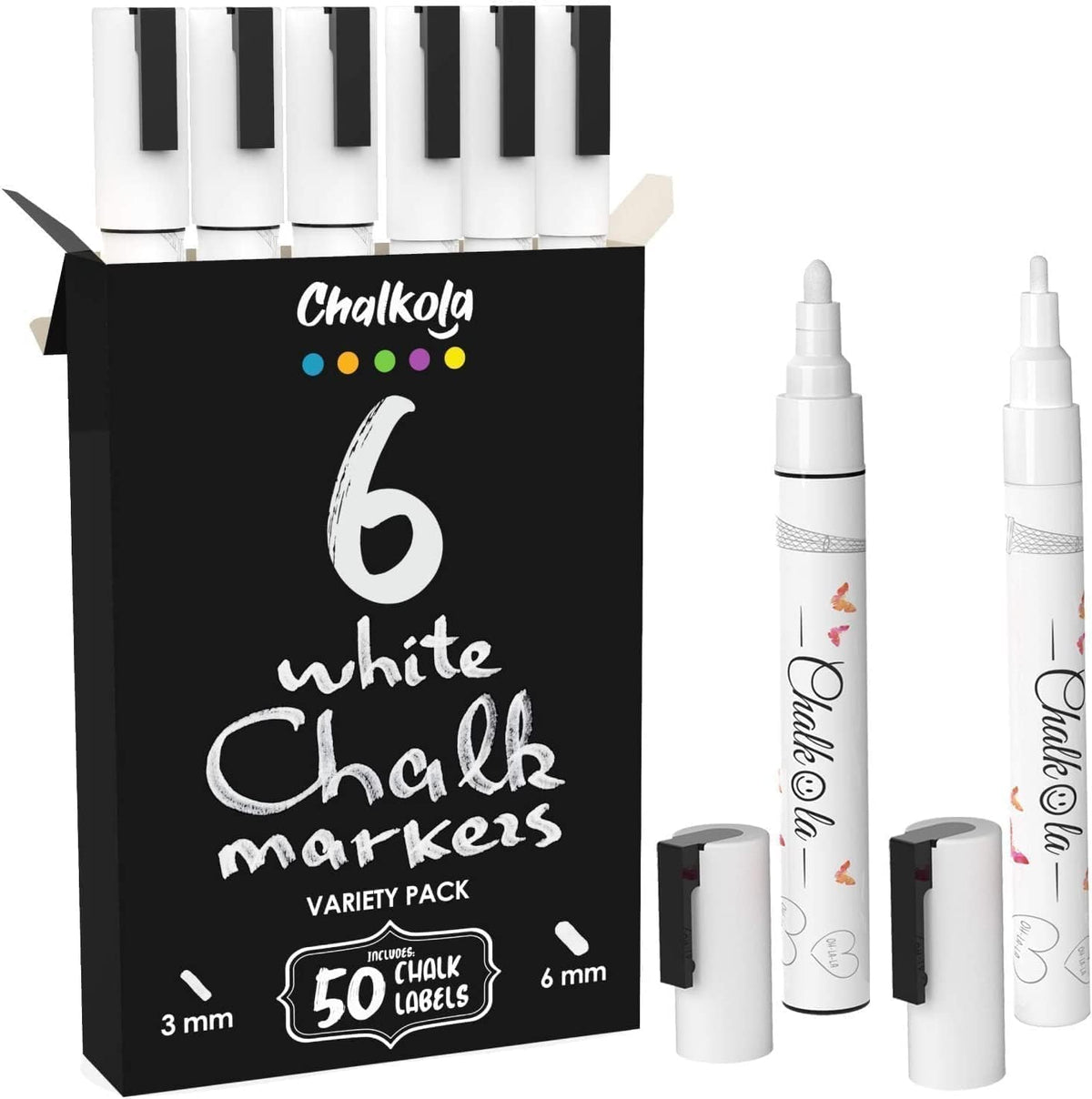 White Chalk Markers - Variety Pack of 6 | Fine and Bold Tip (3mm and 6mm)