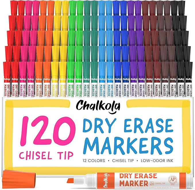 Dry Erase Markers 12 Assorted Colors, Chisel Tip - Set of 60