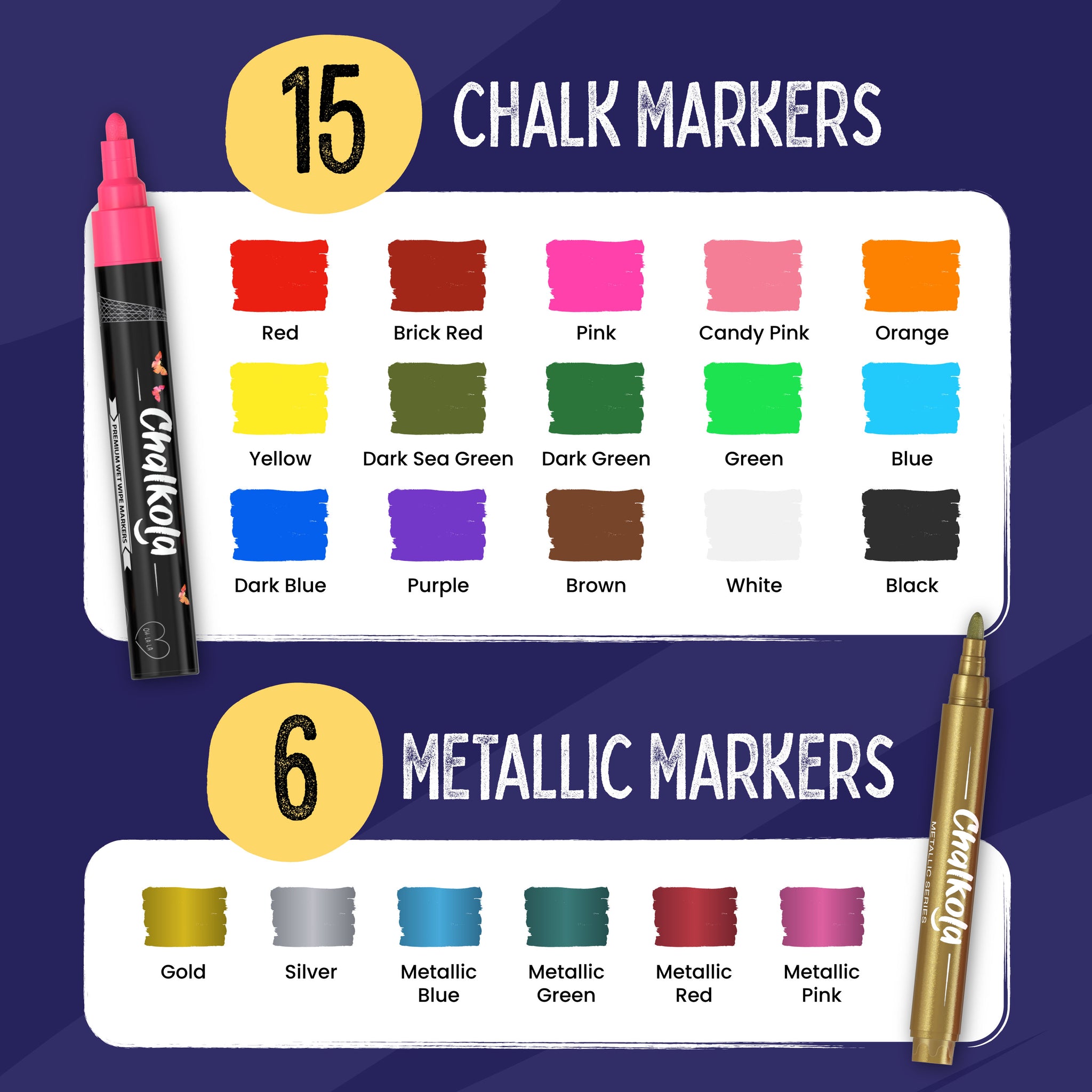 Chalkola Chalk Markers & Metallic Colors (Pack of 21) Neon Chalk