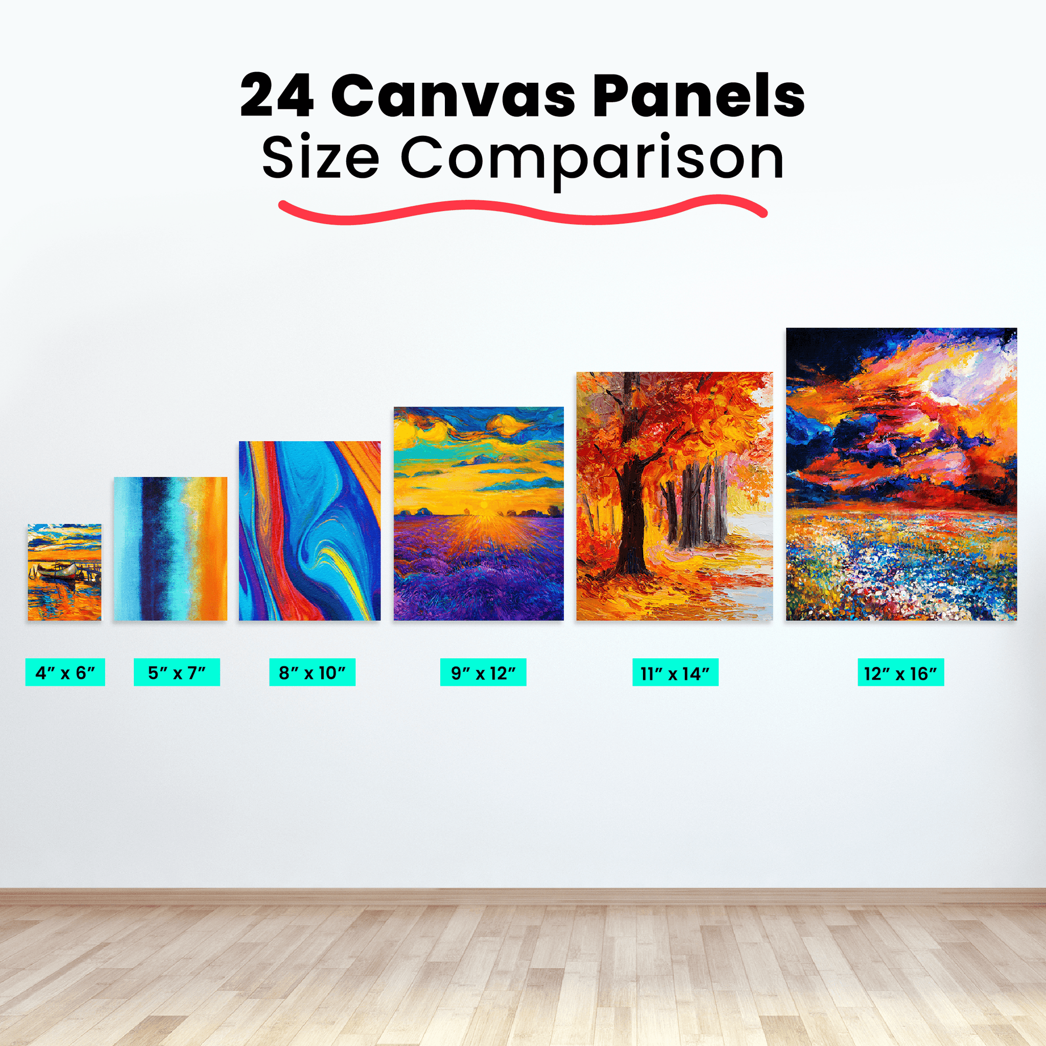 Chalkola Black Canvas for Painting - 24 Pack Canvas Panels - 4x6, 5x7,  8x10, 9x12, 11x14, 12x16 inch (4 Each) - Canvases are 100% Cotton, Primed,  Acid