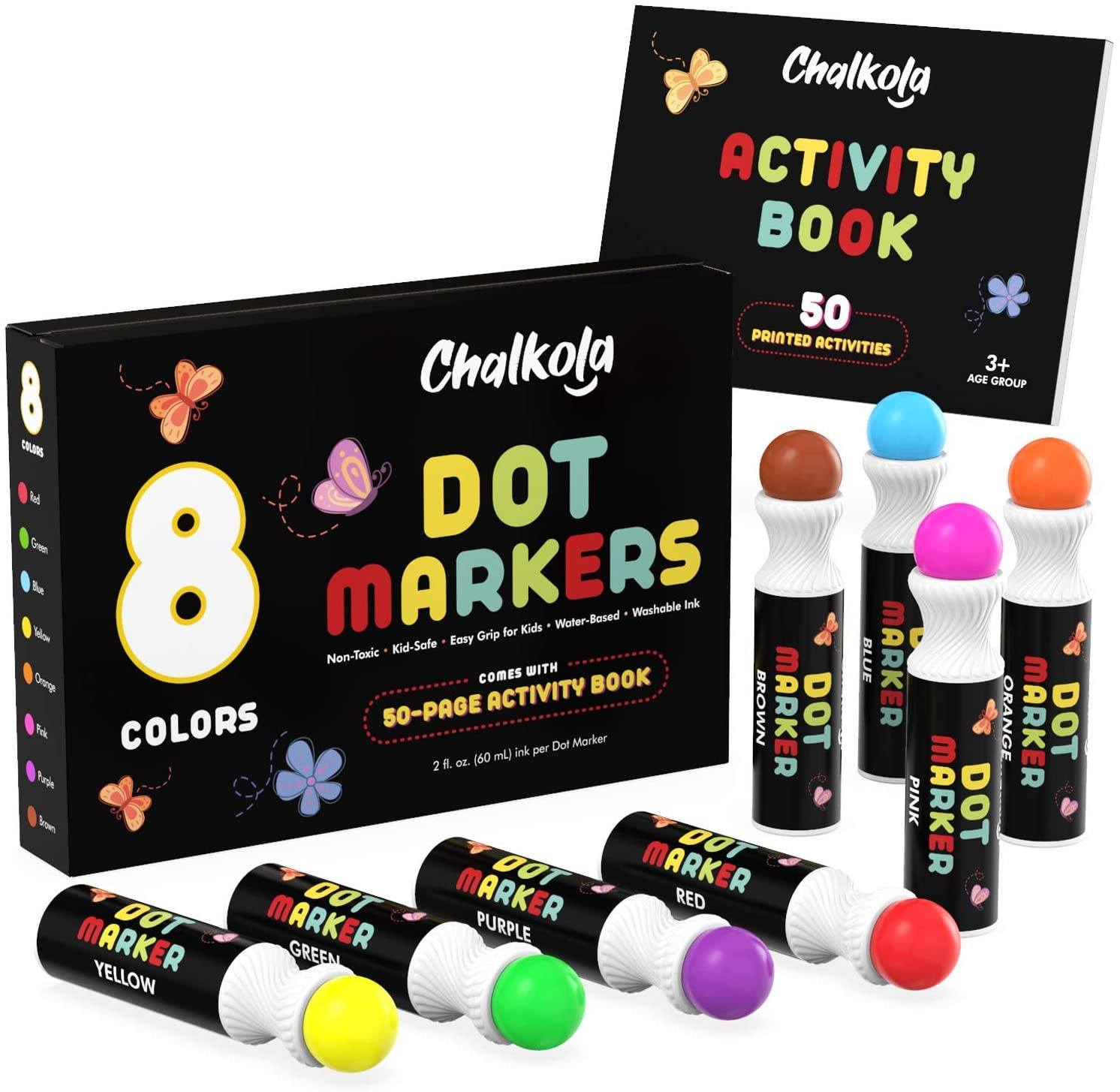 Chalkola Washable Dot Markers for Kids with Free Activity Book | 10 Colors  Set | Water-Based Non Toxic Paint Daubers | Dab Marker Kit for Toddlers 