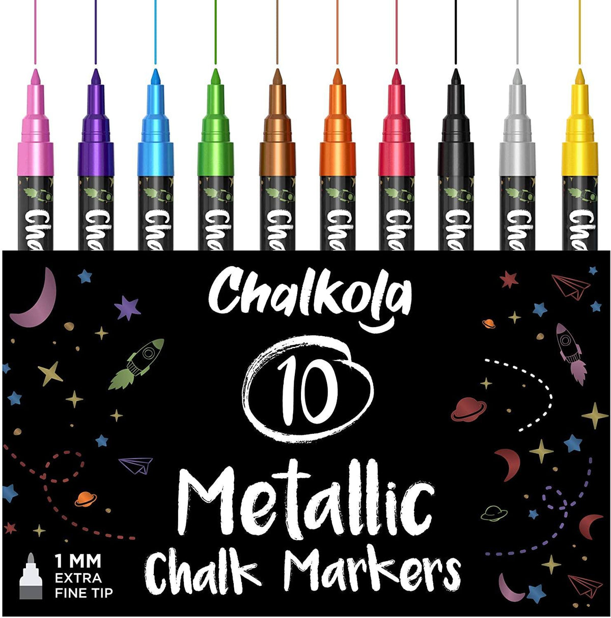 Metallic Chalk Markers with - Pack of 10 Pens 1mm Tip 