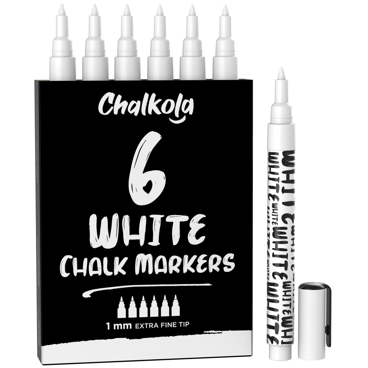 Chalkola Liquid Chalk Marker Pen - White Dry Erase Chalk Markers for Chalkboard Signs, Windows, Blackboard, Glass - 6mm Reversible Tip (6 Pack) - 50 C