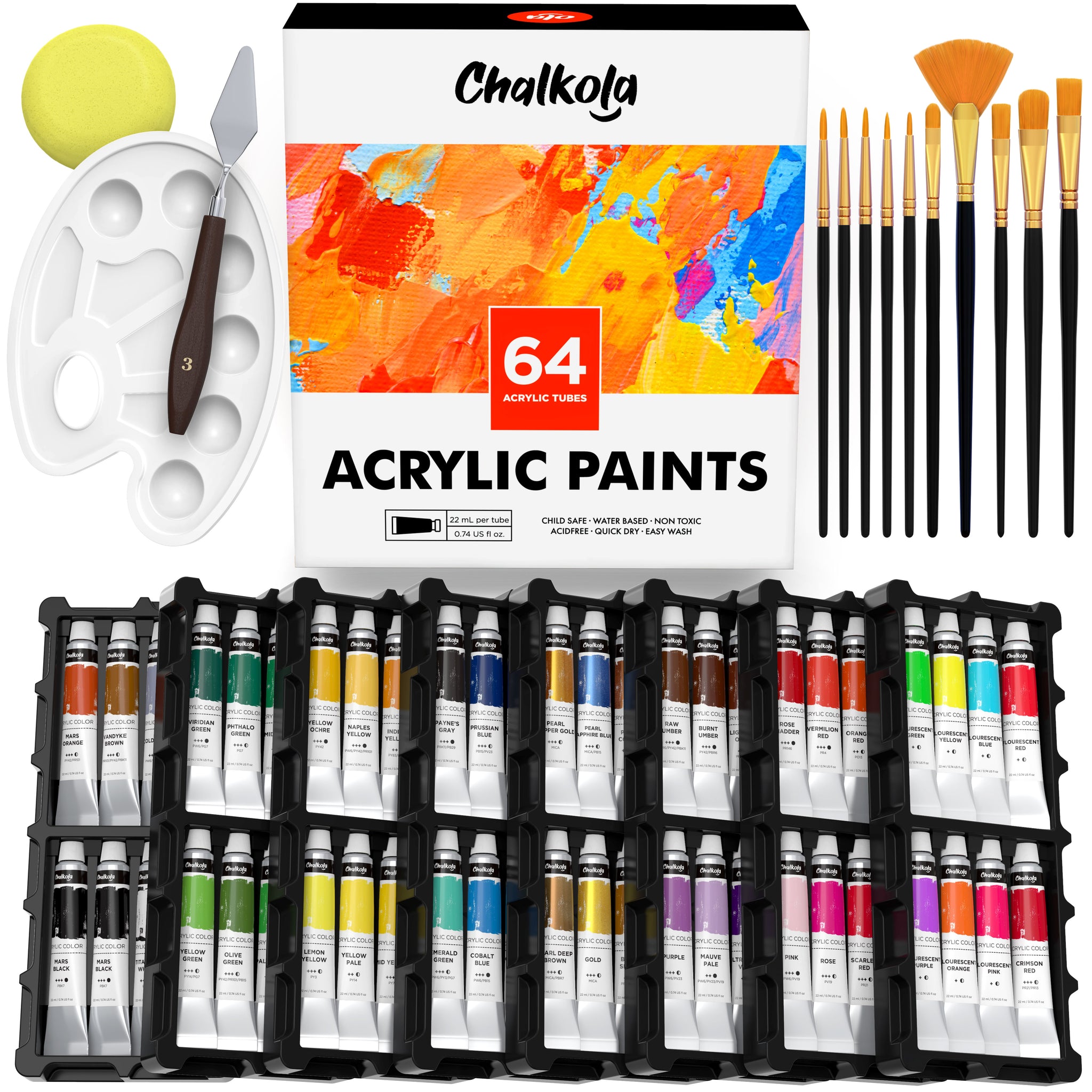  Chalkola Metallic Acrylic Paint Set for Artists, Adults & Kids  - 32 Metallic Paint Tubes (22ml) (incl Gold, Silver), 10 Painting Brushes,  1 Knife, 1 Sponge & 1 Palette - Metalic