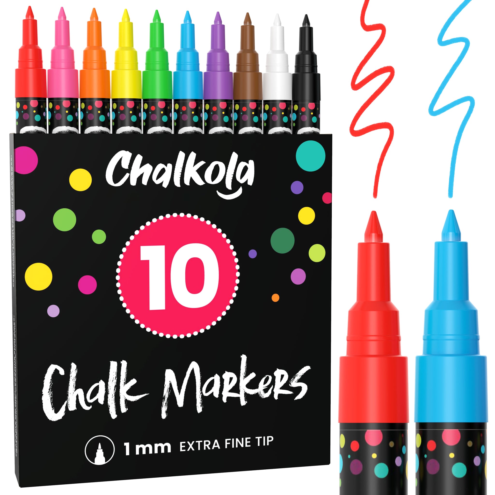 Neon Chalk Markers with 1mm Extra Fine Nib - Pack of 10 - Chalkola