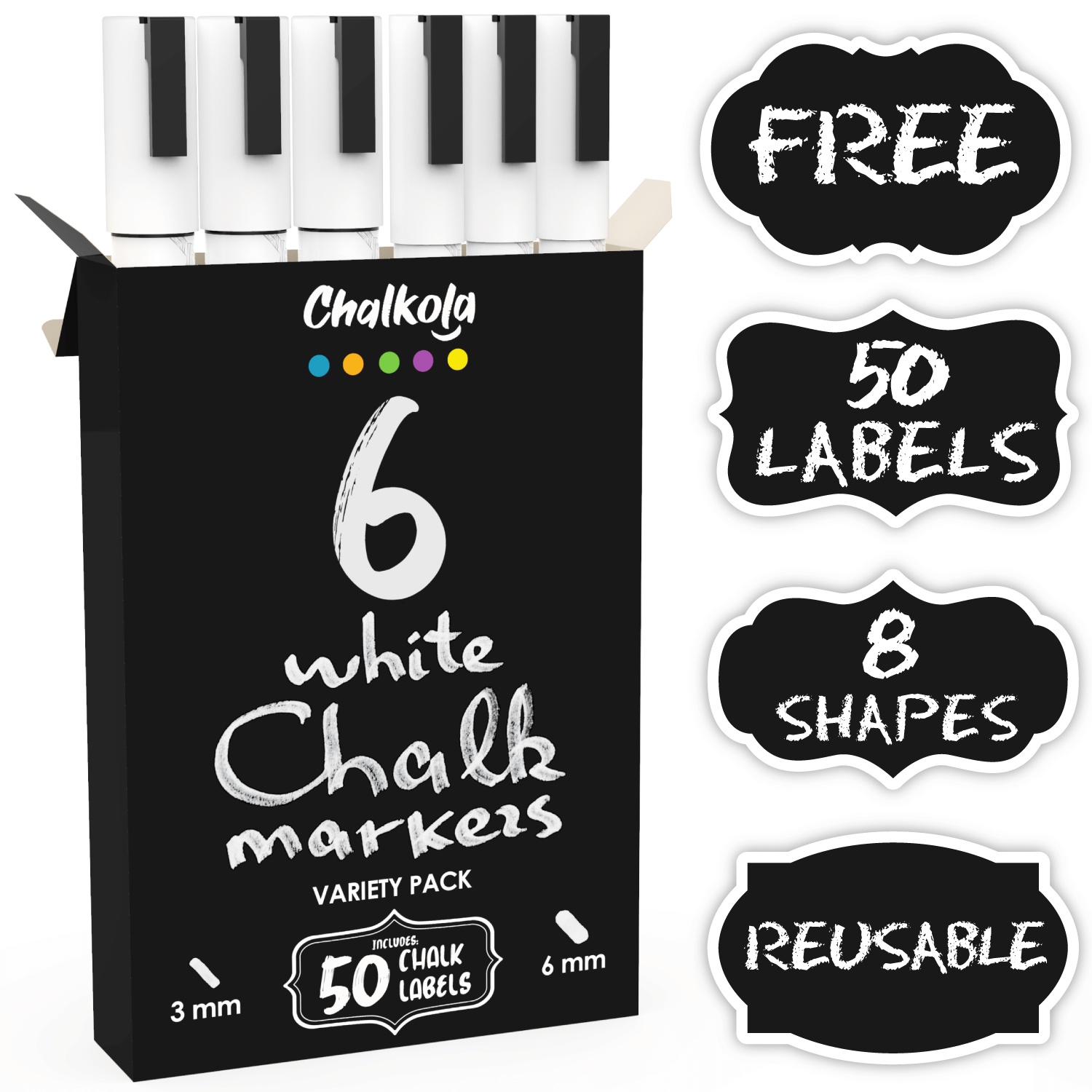 Funcils White Chalk Markers for Chalkboard Signs, Blackboard, Window,  Labels, Bistro, Glass, Cars - Variety Pack of 6 - (2x) 1mm Extra Fine, 3mm  Fine Tip & 6mm Bold Tip